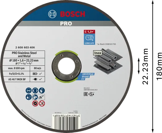 Disco de corte Bosch PRO para acero inoxidable y metal, 180 mm.
