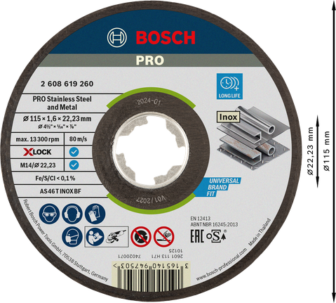 Disco de corte Bosch PRO X-Lock para acero inoxidable y metal.
