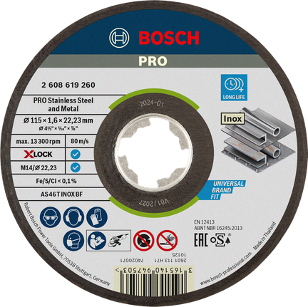 Disco de corte Bosch PRO X-Lock para acero inoxidable y metal.