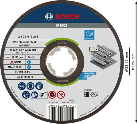 Disco de corte Bosch PRO X-Lock para acero inoxidable y metal.
