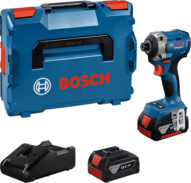 Juego de atornillador de impacto Bosch GDR 18V-215 con estuche y batería.