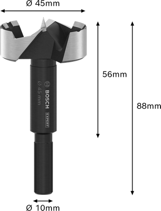 Broca Forstner para Madera EXPERT Bosch de 45 mm de diámetro.