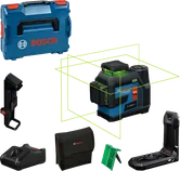 Herramienta niveladora láser Bosch GLL 12V-100 con accesorios.