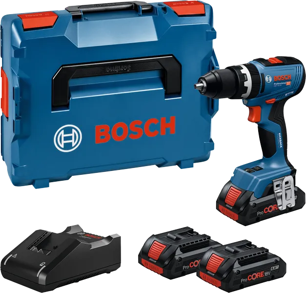 Taladro inalámbrico Bosch GSB 18V-65 con baterías y cargador.