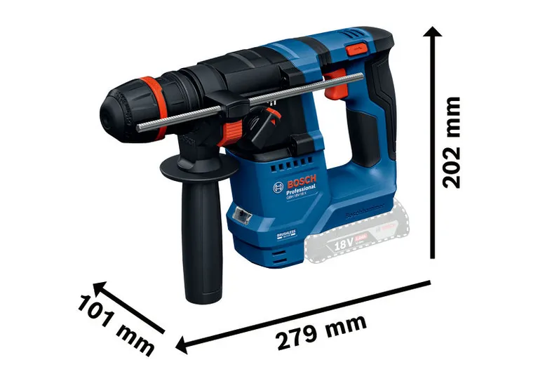 Taladro percutor rotativo Bosch GBH 18V-18X con dimensiones.