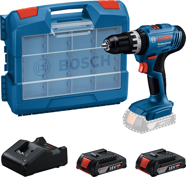 Kit de taladro inalámbrico Bosch GSB 18V-25 con 2 baterías de 2 Ah.