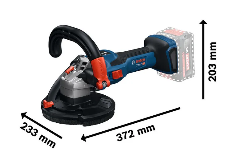 Amoladora de hormigón Bosch GBR 18V-15 S con dimensiones de tamaño.