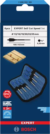 Juego de brocas de pala Bosch EXPERT Self Cut Speed, 6 piezas.