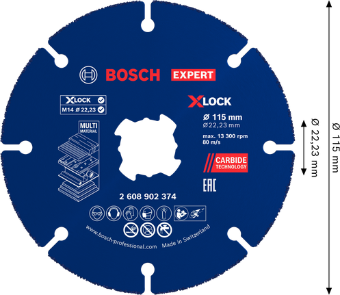 Disco de corte de carburo multimaterial Bosch EXPERT de 115 mm X-Lock.