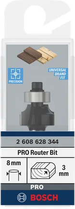 Fresa para router Bosch PRO con vástago de más de 8 mm y radio de 3 mm.