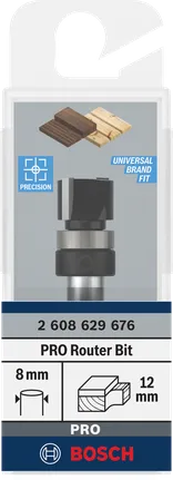 Fresa para router Bosch PRO con rodamiento superior y vástago de 8 mm de diámetro.