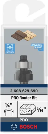 Fresa para router Bosch PRO con radio de redondeo de 1/16 de pulgada y vástago de 1/4 de pulgada.