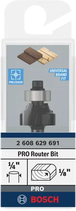 Fresa para router Bosch PRO con radio de redondeo superior a 1/8 de pulgada y vástago de 1/4 de pulgada.