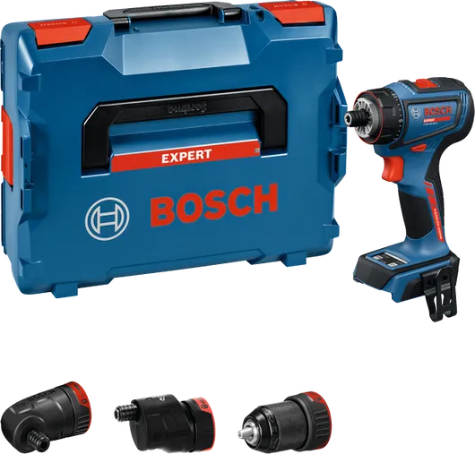 Taladro inalámbrico Bosch EXSR18V-90FC con cuatro accesorios.