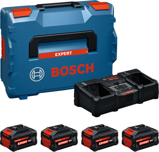 Kit de inicio Bosch con maletín L-BOXX, cargador y cuatro baterías de 18 V.