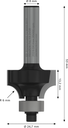 Fresa para router Bosch PRO de redondeo R 6 con vástago de 8 mm.