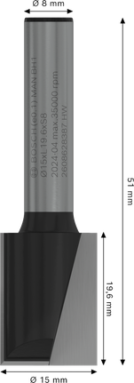 Broca recta para fresadora Bosch PRO de 15 mm, dos flautas y vástago de 8 mm.
