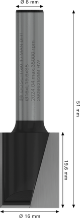 Broca recta para fresadora Bosch PRO de 16 mm y dos flautas.