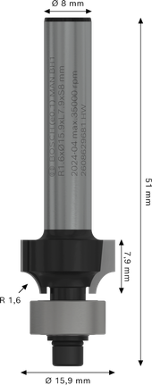 Fresa para router Bosch PRO de redondeo R 1.6 con vástago de 8 mm.