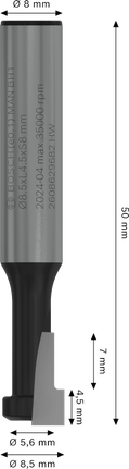 Broca para ranuras de cerradura Bosch PRO de 8,5 x 5,6 mm para cortes precisos en forma de cerradura.