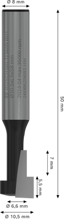 Broca para ranuras de fresadora Bosch PRO con vástago de 8 mm y ancho de 10,5 mm.