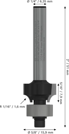 Fresa para router Bosch PRO de redondeo R, vástago de 1/16 de pulgada, 1/4 de pulgada.