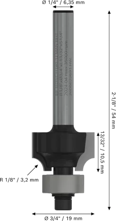 Fresa para router Bosch PRO de redondeo R 1/8", vástago 1/4".