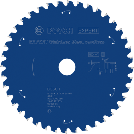 Hoja de sierra circular inalámbrica Bosch EXPERT de acero inoxidable, 40 dientes.