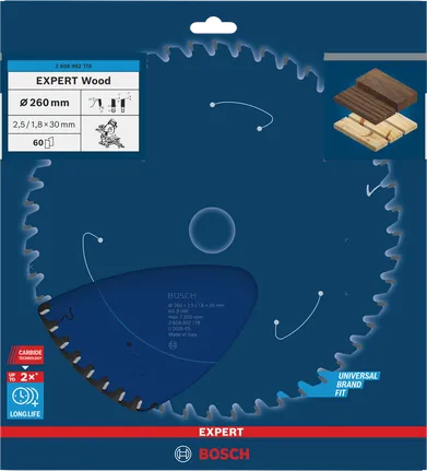 Hoja de sierra circular Bosch Expert Wood T60 de 260 mm.