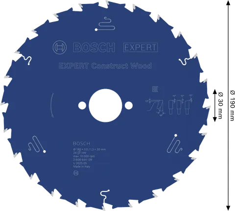 Hoja de sierra circular Bosch EXPERT Construct Wood, 190 mm, 24 dientes.
