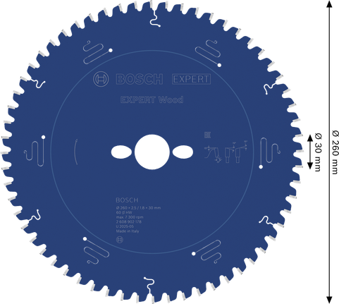 Hoja de sierra circular Bosch EXPERT Wood, 260 mm 60T.