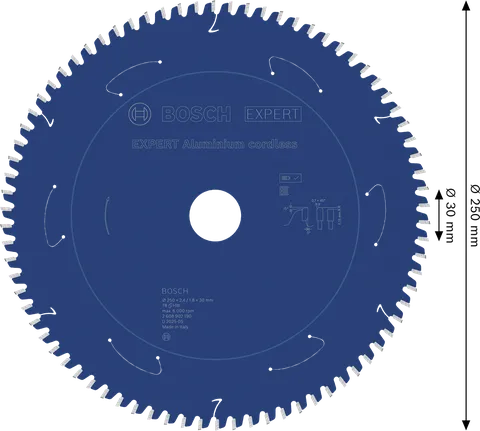 Hoja de sierra circular a batería Bosch EXPERT Aluminium, 250 mm.