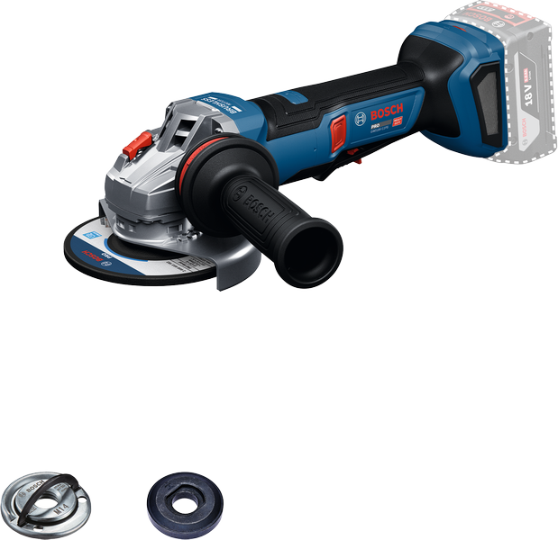 Amoladora angular inalámbrica Bosch GWS18V-11PS con accesorios.