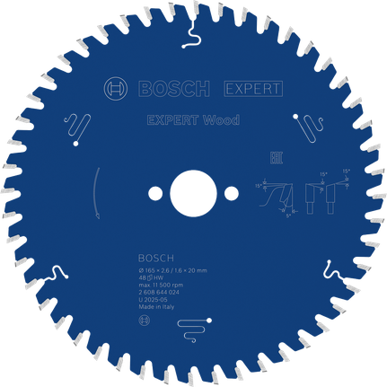 Hoja de sierra circular Bosch EXPERT Wood, 165 mm 48 dientes.