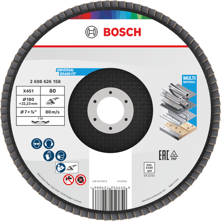 Disco de láminas Bosch X451 de 180 mm G80 para uso en múltiples materiales.