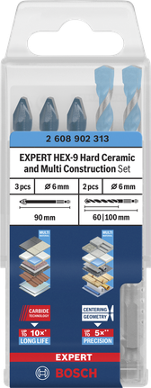 Juego de 5 brocas Bosch EXPERT HEX-9 para cerámica dura y construcción múltiple.