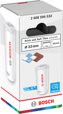 Sierra de corona Bosch de 33 mm para ladrillos y baldosas blandas, longitud 60 mm.