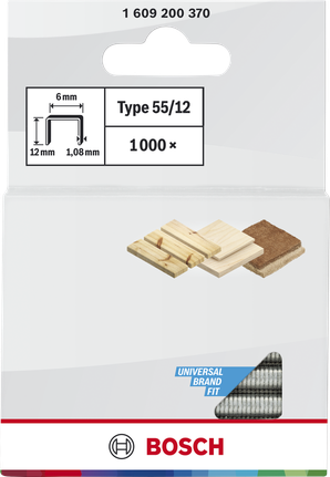 Grapas Bosch de corona estrecha tipo 55/12 para madera, paquete de 1000 unidades.