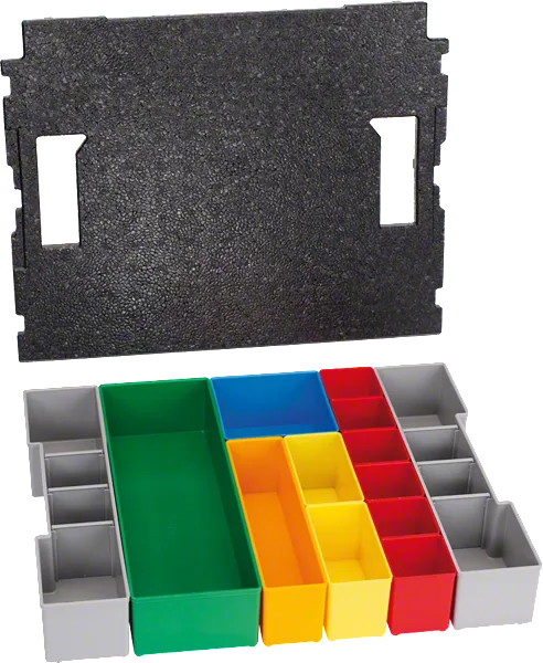 Juego de organizador Bosch L-BOXX con inserciones de colores surtidos.