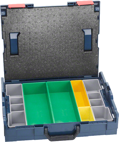 Estuche organizador Bosch L-BOXX con varios compartimentos para ordenar.
