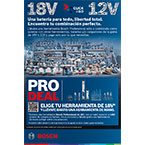 Oferta de herramientas Bosch 18V y 12V, fondo azul con texto en blanco y rojo.