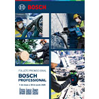Un folleto de herramientas Bosch Professional con cuatro imágenes de trabajadores usando herramientas en diversas actividades. En la parte superior izquierda, un trabajador utiliza una herramienta eléctrica; en la parte superior derecha, otra persona maneja una herramienta en un entorno de construcción. En la parte inferior izquierda, un trabajador sostiene un tronco mientras utiliza una sierra; en la parte inferior derecha, una herramienta negra y verde está sobre una superficie de trabajo. El diseño es moderno y profesional.