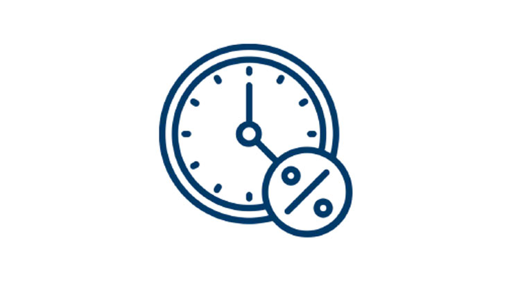 Un reloj azul con un símbolo de porcentaje al lado, sobre fondo blanco.