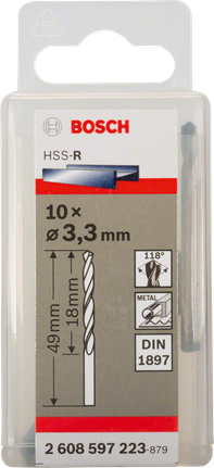 Bosch HSS-R-pitkät poranterät metallille, halkaisija 3,3 mm.