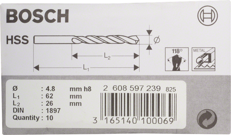 Bosch HSS-R-lyhytporanterä metallille, 4,8 mm, DIN 1897.