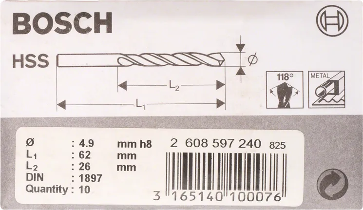 Bosch HSS-R-pitkät poranterät metallille, halkaisija 4,9 mm.