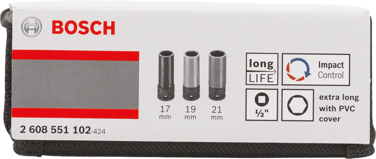 Bosch 3-osainen hylsysarja, 17/19/21 mm, extrapitkät.