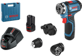 Bosch GSR 12V-15 FC akkuporakone ja sen lisälaitteet.
