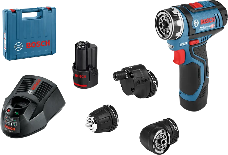 Bosch GSR 12V-15 FC akkuporakone ja sen lisälaitteet.