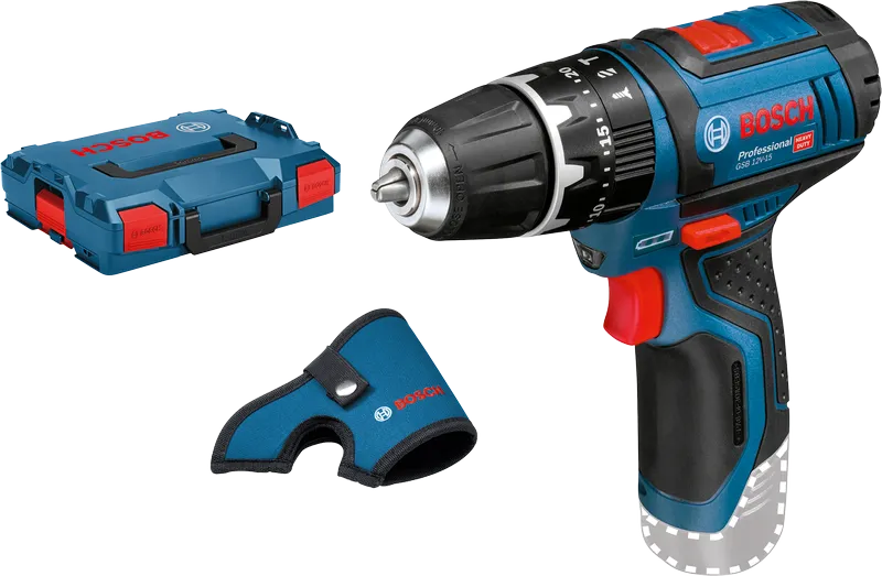 Bosch GSB 12V-15 akkuporakone kotelossa ja kantokotelossa.